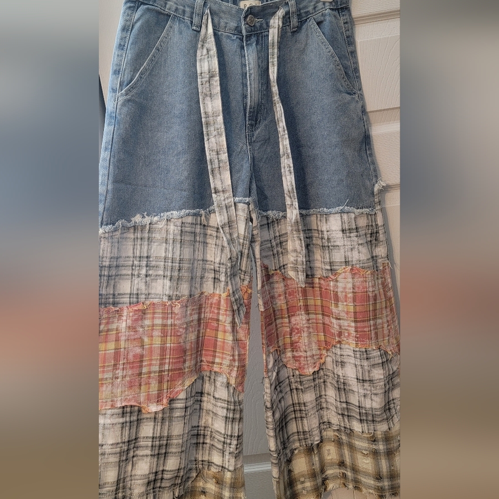 POL Denim and Plaid Flare Jeans